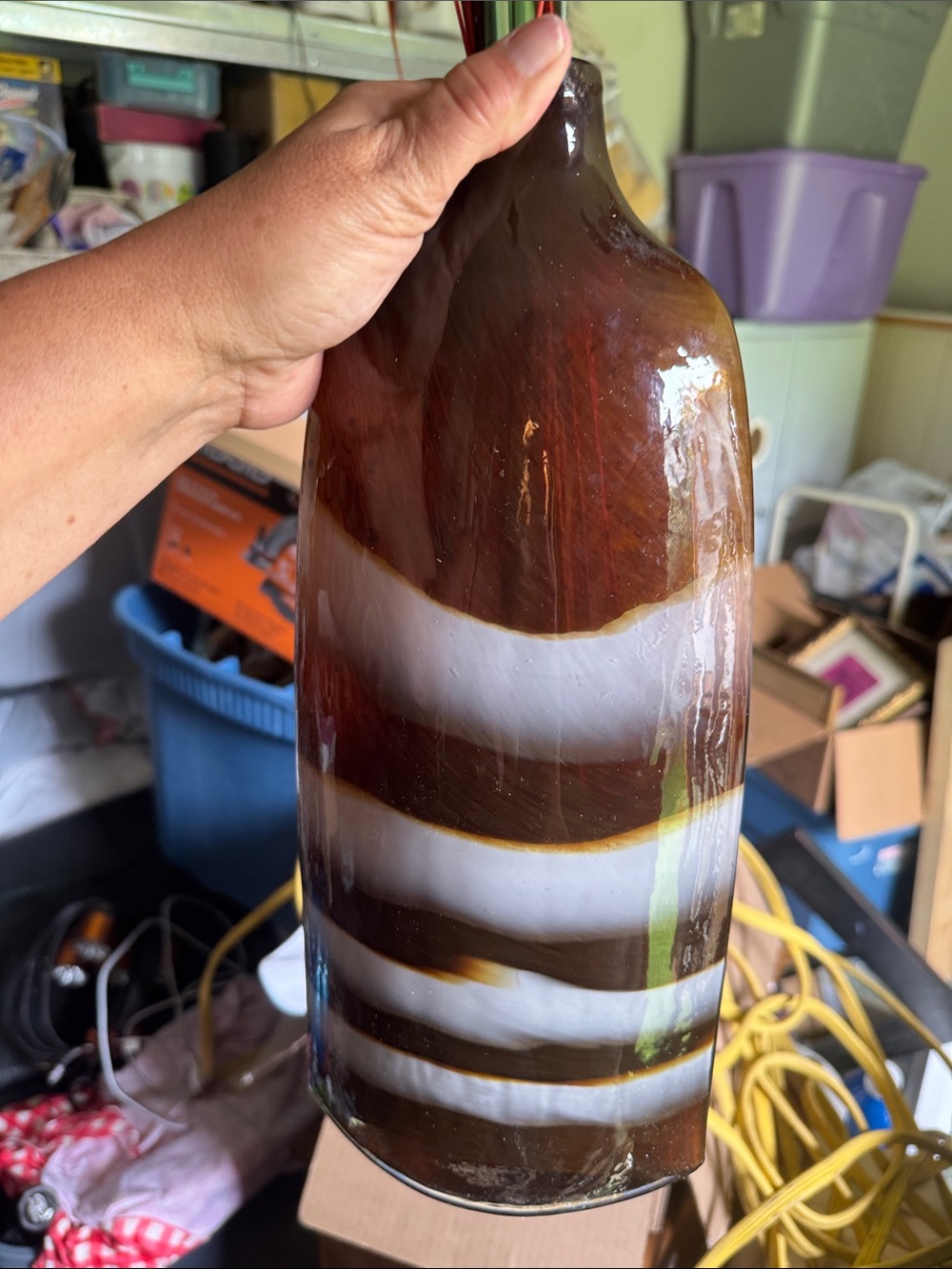 Large Studio Hand-Blown Striped Art Glass Vase in Brown and White - Picture 3 of 8